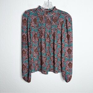 Joie Top Women XS Paisley Long Sleeve High Ruffled Neck Victorian Shirt B6